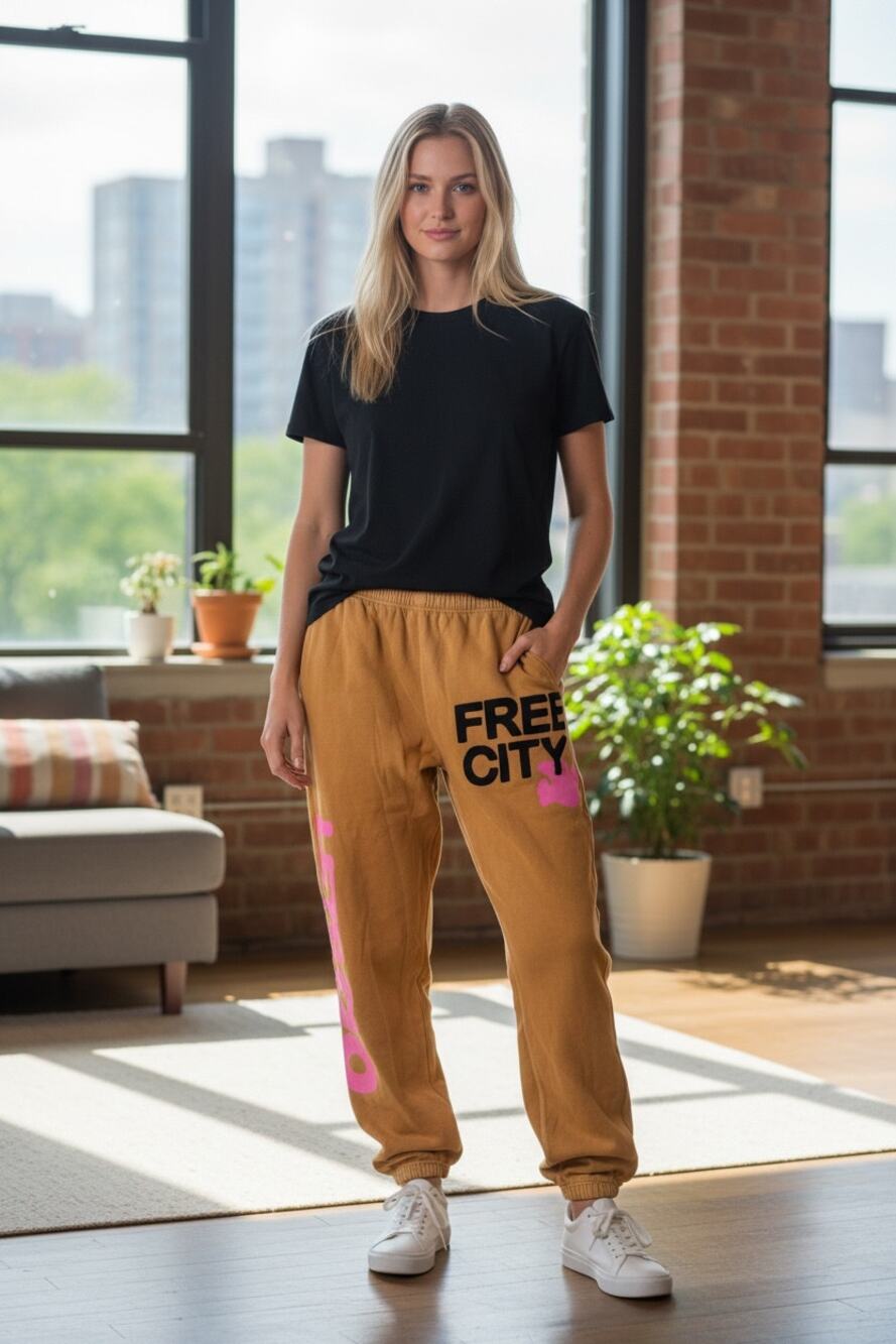 FREECITY Sweatpants Size XL Tan Pink Lets Go Free City